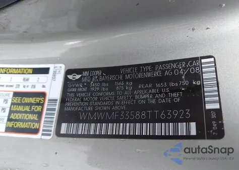 2008 Mini Cooper z USA, uszkodzony, nr VIN WMWMF33588TT63923